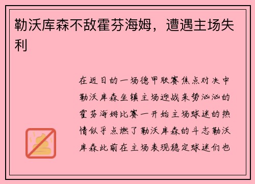 勒沃库森不敌霍芬海姆，遭遇主场失利